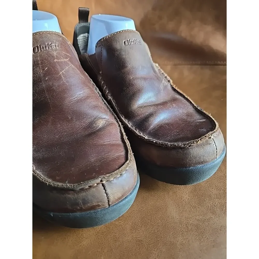 OluKai Na’i WP Brown Leather Waterproof Loafer Slip On Shoes Men's Size‎ 10.5